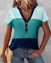 Färgblocks T-shirt med v-ringning